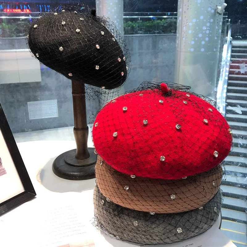 Pearl Caps Dia Water Autumn Winter Female Beanie Pumpkin Women Mesh Veil Wool Beret ddmysmile Vintage New Trend Painter Hat Smile