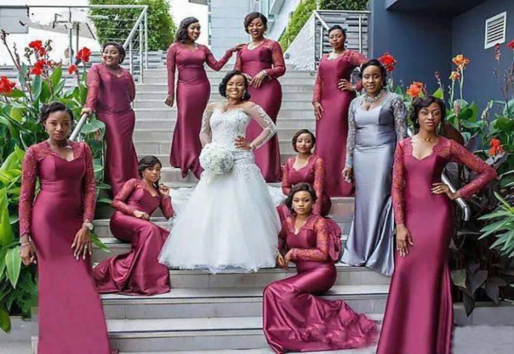 2025 New Custom Sweetheart Mermaid Plus Size Woman Lady Bridesmaid Dresses Girl Formal Elastic Satin Long Sleeve Applique new Lace Gown