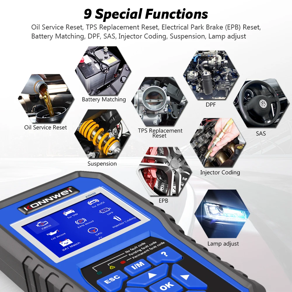 KONNWEI KW450 All Systems Car OBD2 Diagnostic Tool for VAG for VW for Audi ABS Airbag Oil ABS EPB DPF SRS TPMS Reset Scanner