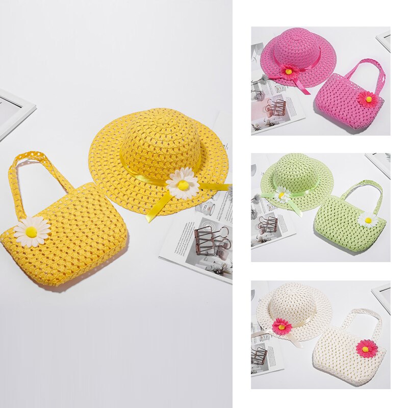 2 Pcs Set 2025 Girls Tea Party Straw Sun Hat and new Purse Sets Kids Child Birthdays Easter Party Daisy Flower Summer Beach