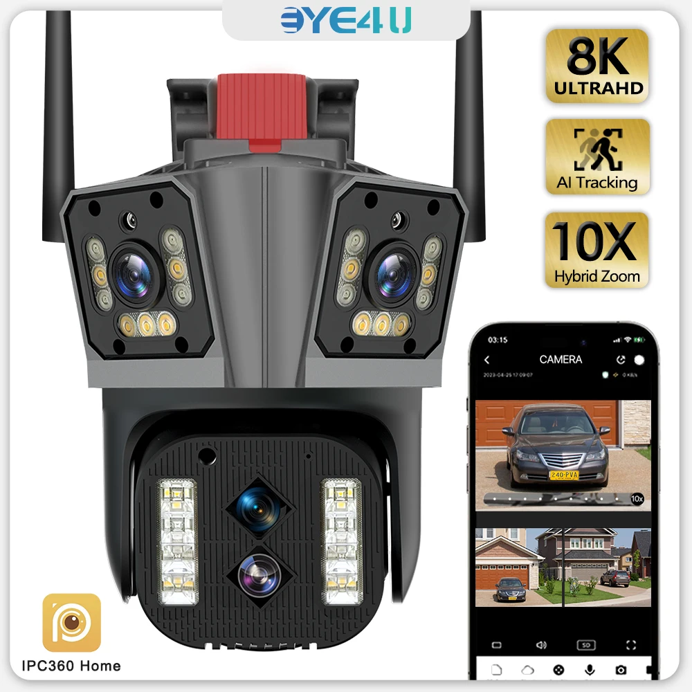 16MP 8K IP Camera 10X Zoom Outdoor Three Screen Four Lens Video Surveillance Cameras WiFi Auto Tracking CCTV 4K Security Cam PTZ