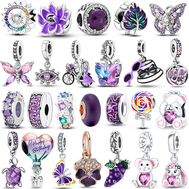 New 925 Sterling Silver Purple Bead Flower Dangle Charm Fit Original Pandora Brand Bracelet And Necklace 925 Jewelry Gift making