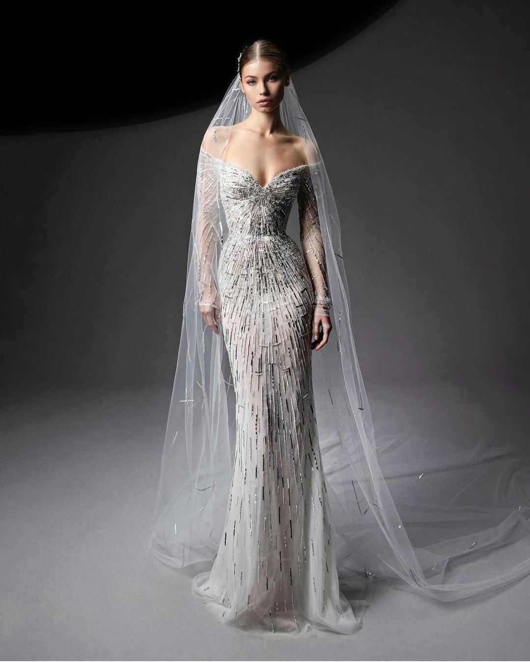 Fashion Mermaid Wedding Dresses Sequins Off the Shoulder Bridal Gowns with Detachable Train Custom Made Long Sleeve Vestido de novia