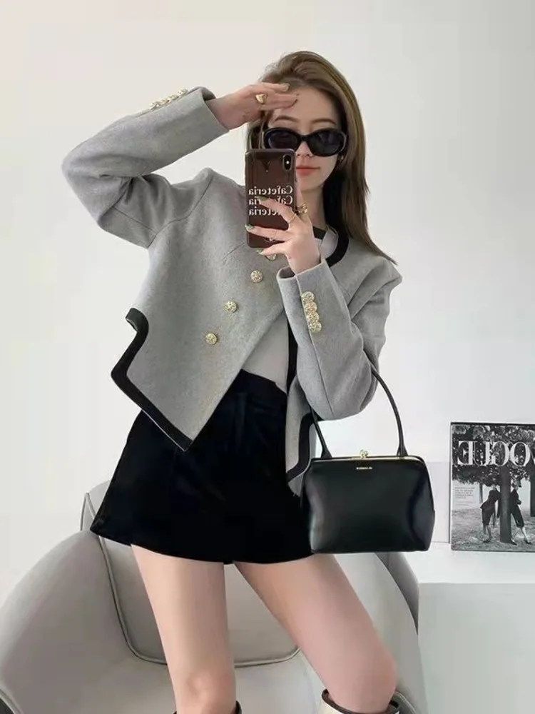 Women's Blazer Chic Elegant Round Neck Clothing Casual Temperament Double-breasted Irregular Long Sleeve new 2025 Coat Clothes Top New