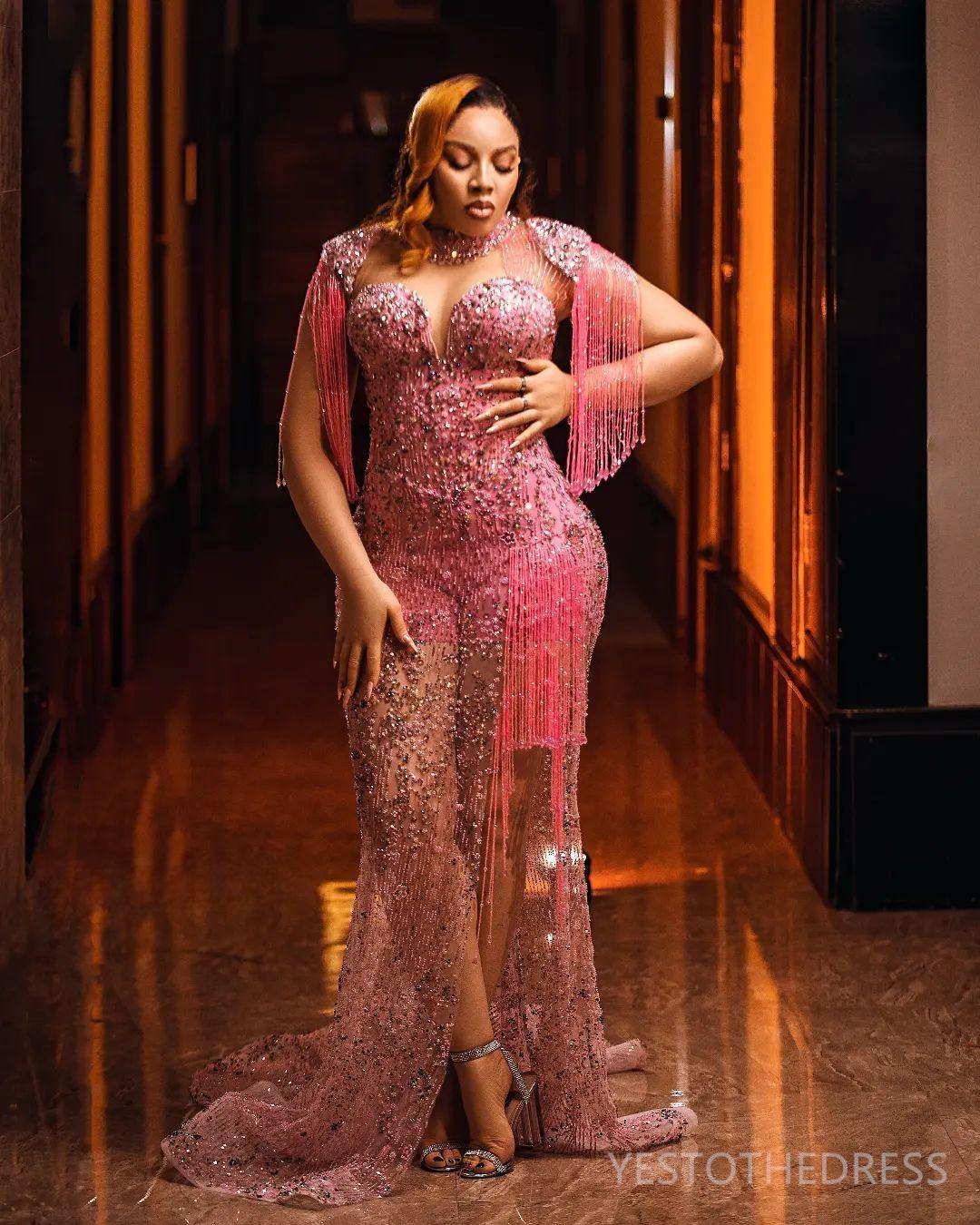R&W 2024 urious Aso Ebi Prom Dresses for Black Women Pink Promdress Illusion High Neck Beaded Lace Beading Tassel Side Split Birthday Dress Reception 