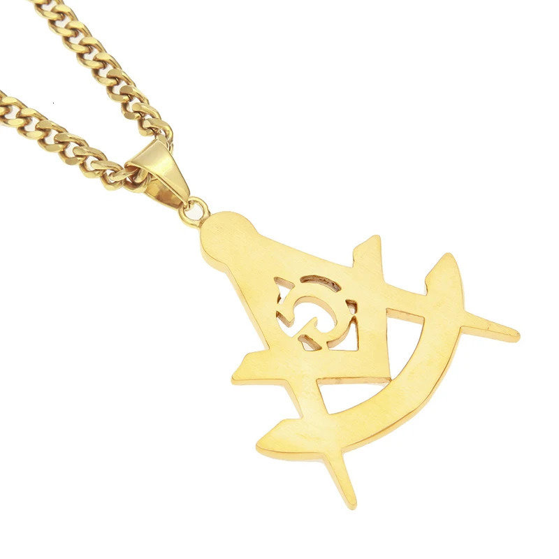 Hip Hop Bling Iced Out Rhinestones Stainless Steel Masonic Freemasonry Pendant Necklace for Men Rapper Jewelry 240514