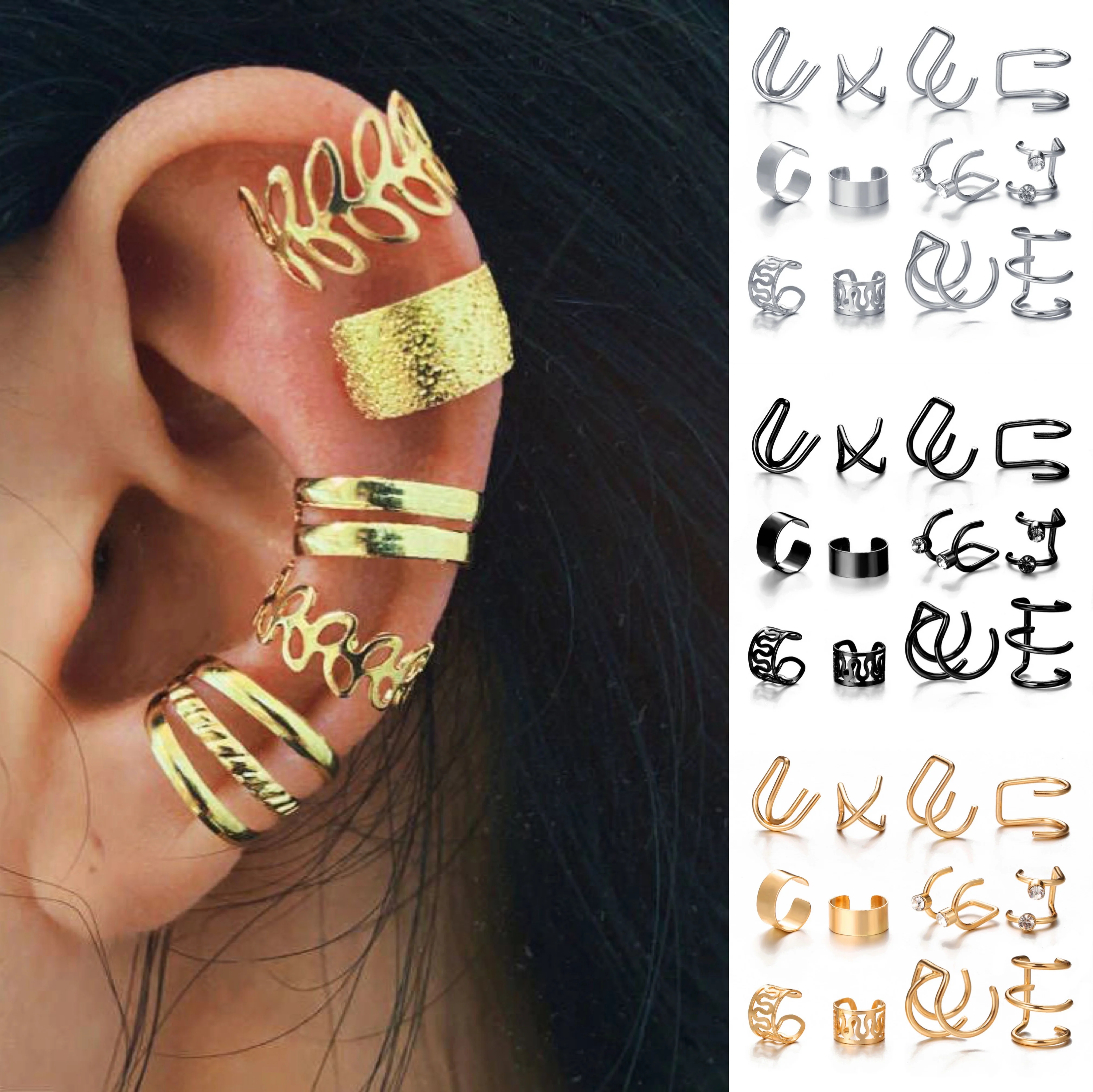 Y2k Silver Color Leaves Clip Earrings for Women Men Creative Simple C Ear Cuff Non-Piercing Ear Ear Clip Set Trend Jewelry Gift