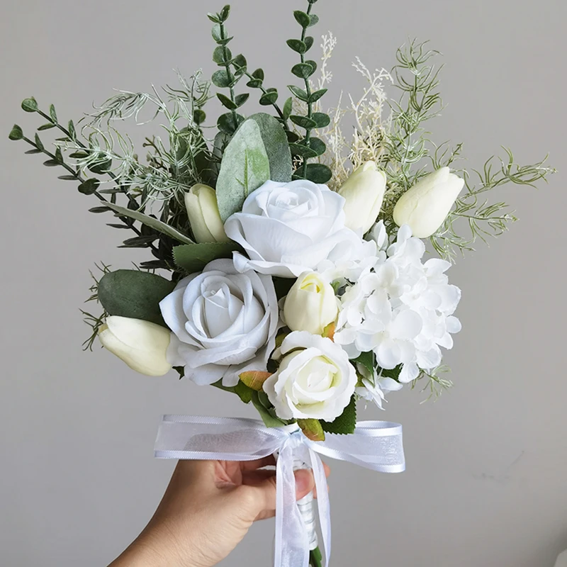 Artificial Wedding Flower Silk Rose Green Eucalyptus Leaves Bridal Bouquet Fake Flower for Wedding Table Party Bridesmaid