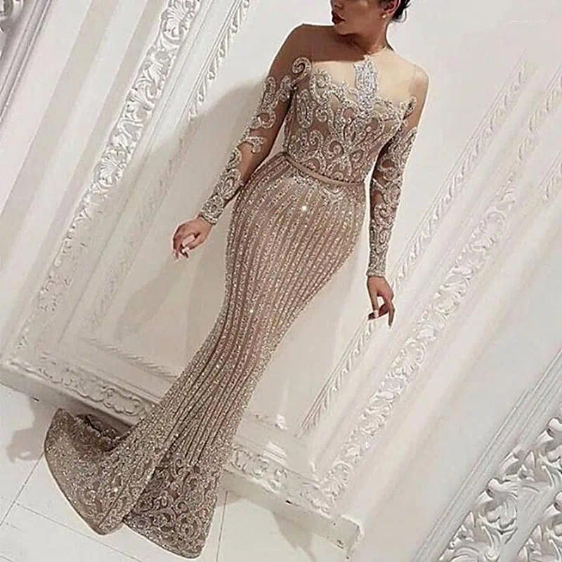 Basic Casual Dresses 2023 Woman Vintage Formal Dress Y O-Neck Sequins Gowns Hollow Long Sleeve Applique Elegant Mermaid Clubwear Eveni Dhocn