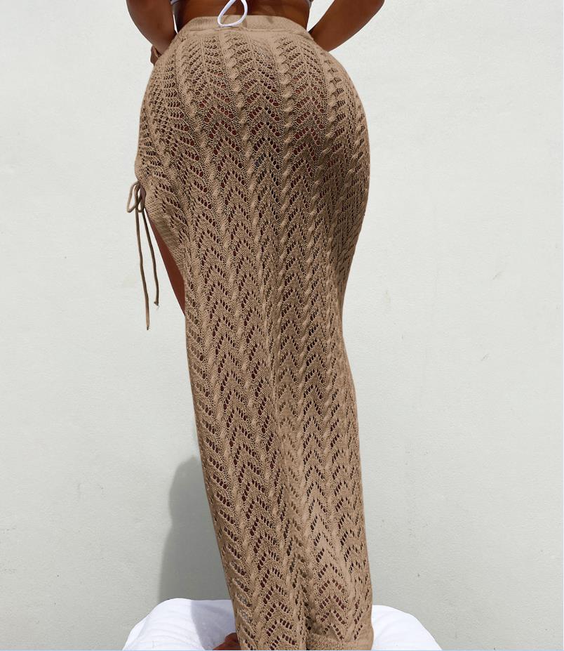 Yiiciovy Women Knitted Cover-Up 2025 Sarong Skirts Solid Hollow-Out Side Tie-Up High Slit new Beach Long Skirts Summer Swimsuit Cover Up