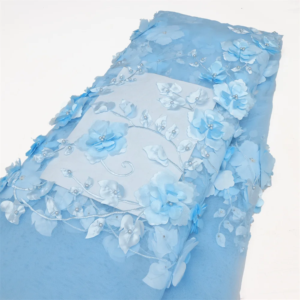 3D Beads Lace Fabric High Quality Mesh Embroidery Applique 3D Flower Tulle Nigerian Lace Fabrics For Bridal