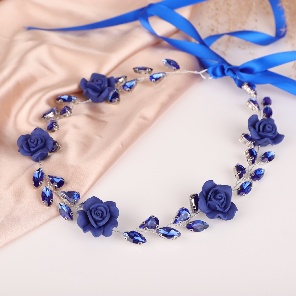 Bridal Wwdding Blue Flower Rhinestones Hair Accessories Bridal Crystal Navy Blue Headband Wedding Prom Hair Jewelry for Women