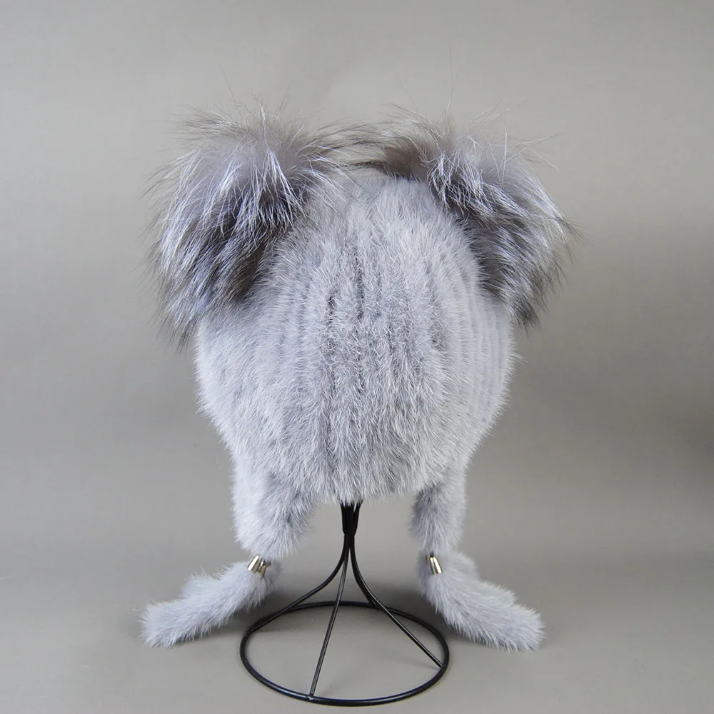 Winter Cap Women Warm Luxury Natural Mink Fur Hat With Ear Flaps For Girls Tail Earflap Bomber Loverboy Knitted Anime Cat Beanie