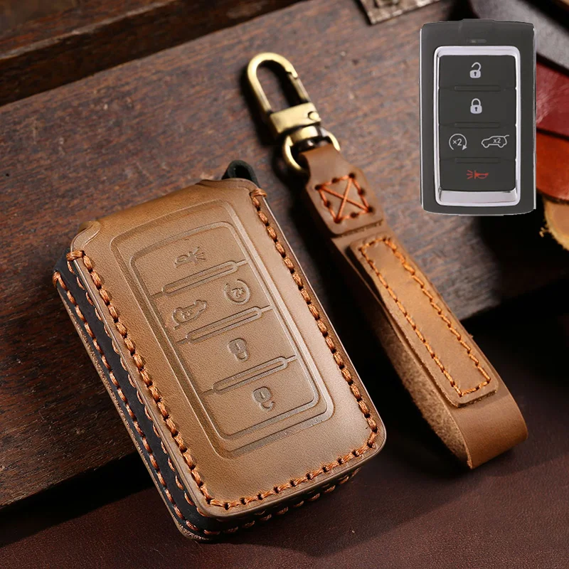 Genuine Leather Car Key Case Cover Fob Shell for Jeep Grand Cherokee Wagoneer 2021 2022 2023 Car Keychain