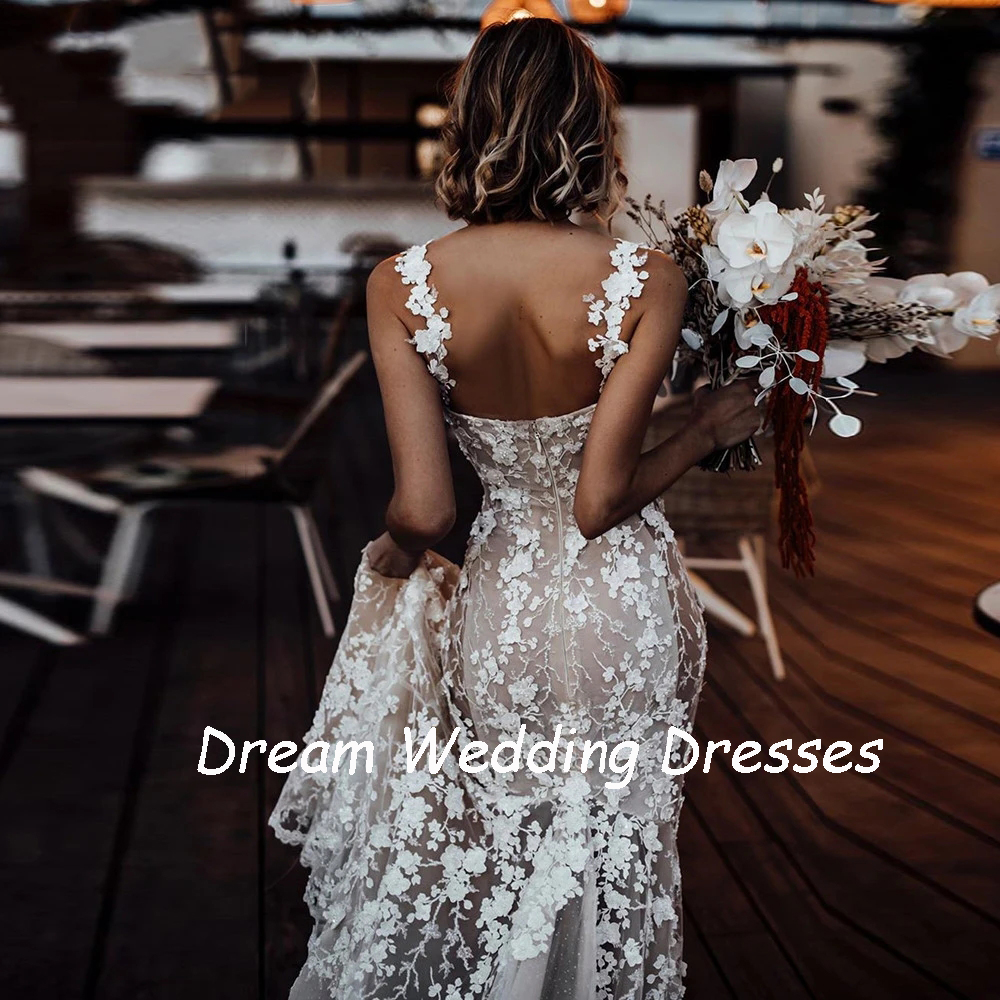 Droom Luxe 3d Kant Appliques Zeemeermin Trouwjurken Sweetheart Spaghettibandjes Rugloze Bruid Jurk Gebloemd Strand Boho Bruids