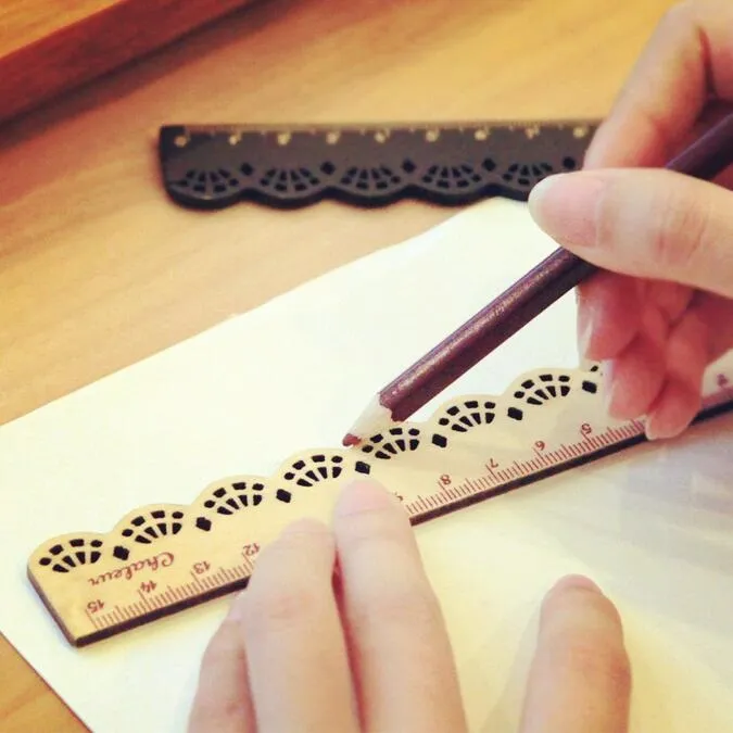 2pcs/lot 15cm hollow new lace design wooden straight ruler tool 2025 measuring ruler office accessories student's gift writing materials