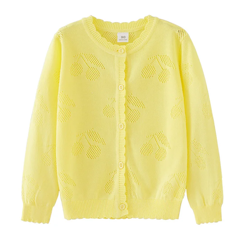 1-7Yrs Autumn Baby Kids Cardigan Sweater Baby Boys Girls Elegant Knitted Top Cherry Print Long Sleeve Hollow out Knitwear Coat