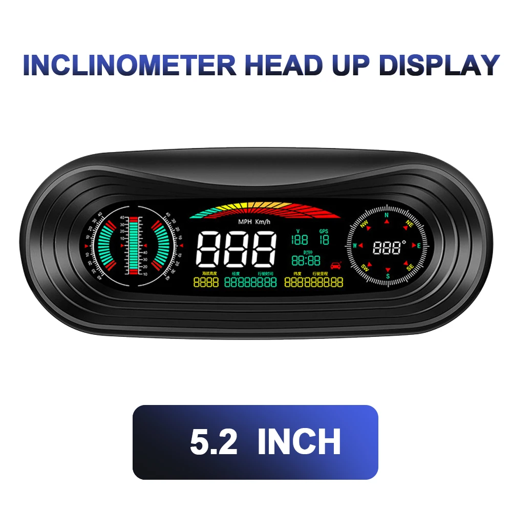 12V Car Inclinometer Slope Gauge HUD Head Up Display 5.2" Speedometer GPS Compass Clock Meter On Board Computer Auto Accessories