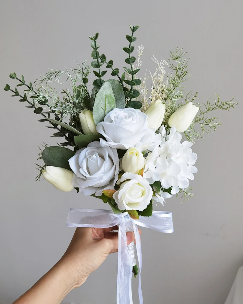 Artificial Wedding Flower Silk Rose Green Eucalyptus Leaves Bridal Bouquet Fake Flower for Wedding Table Party Bridesmaid