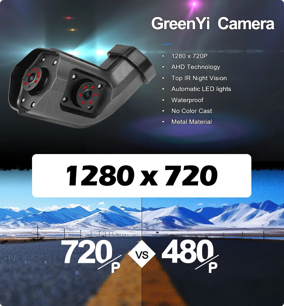 GreenYi Long Arm AHD 720P Camera Design Left Right Side Mirror Area Camera for Heavy Duty Truck Bus Commercial RV Car