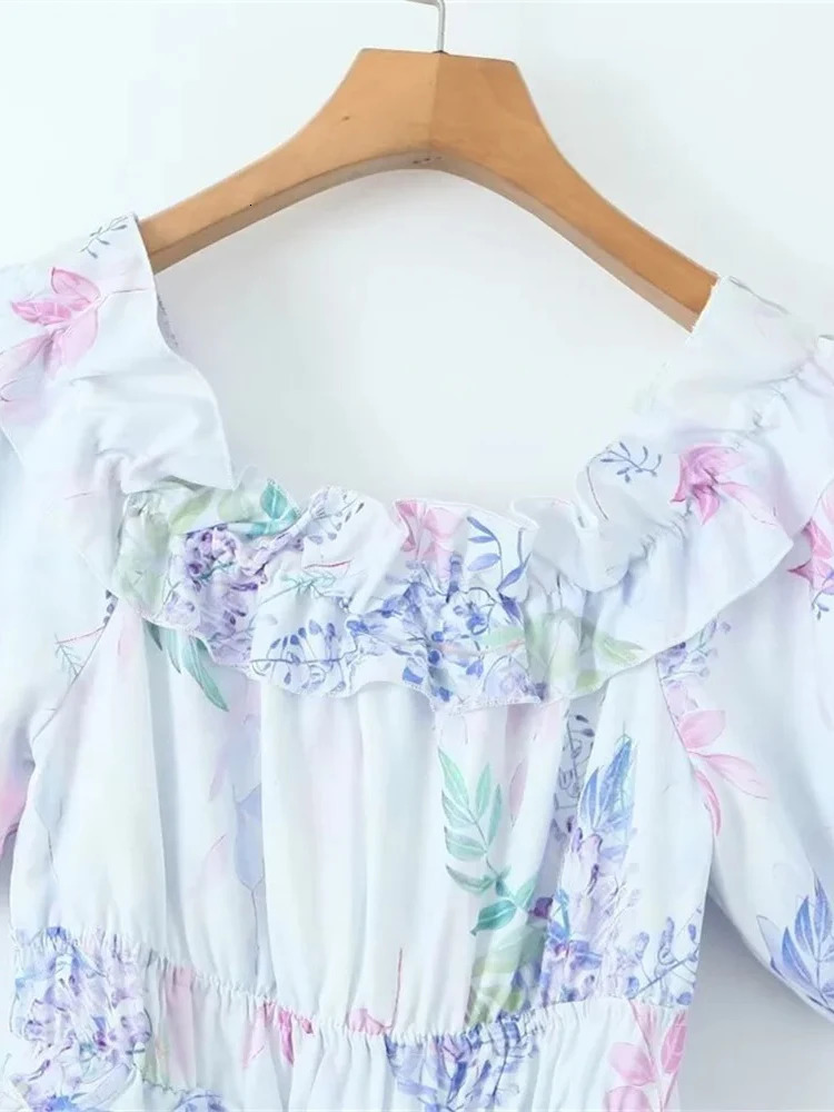 ZABA Ladies Casual Fashion Chiffon Floral Dress Short Sleeve Fairy Sweet Long Elegant Vintage French One Shoulder Dresses 240518