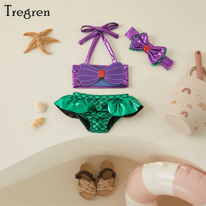 Tregren Toddler Kids new Girl 2025 Mermaid Bikinis Set Summer Beachwear Halter Top Swimwear Swimming Pool Bathing Suit with Headband