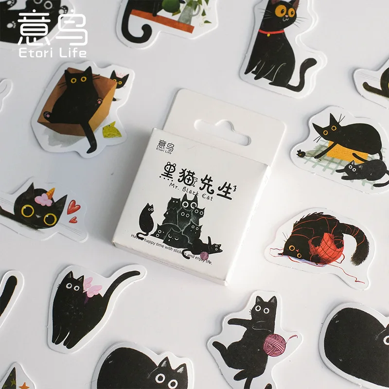 46pcs Cute Mr. Black new Cat Boxed Stickers Decorative Scrapbooking Vintage Label Diary Stationery Album Phone 2025 Journal Planner