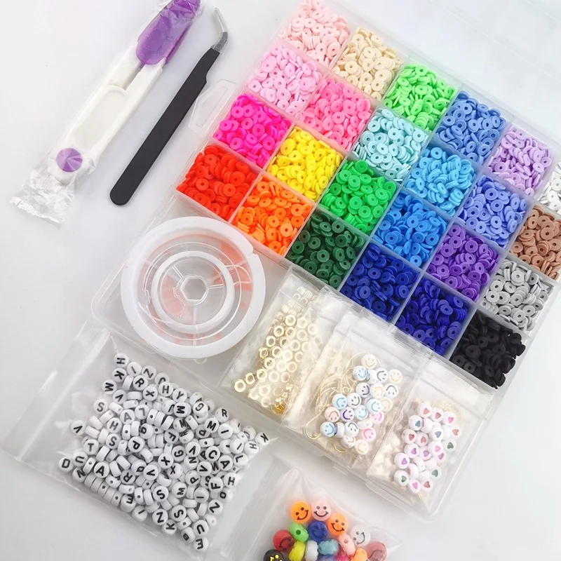 QXTC Polymer Clay Beads Set 24 Rainbow Color Flat Chip Beads For Boho Bracelet Necklce Making Letter Beads Accessories Kit DIY