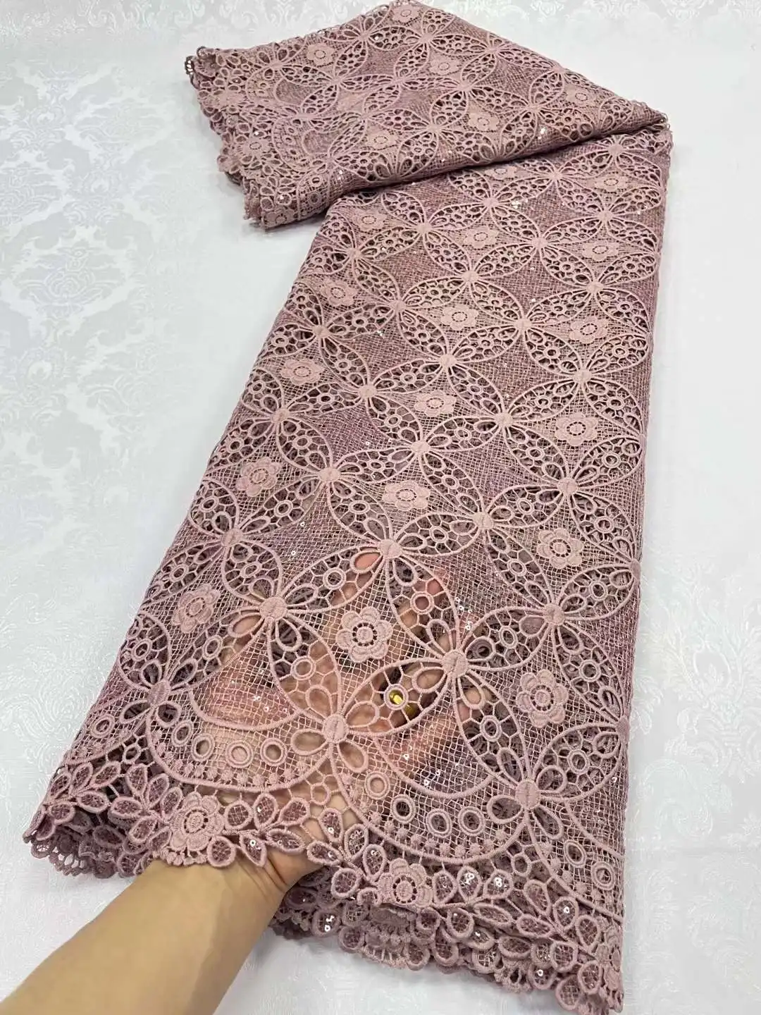 White Guipure Cord Lace Fabric 2023 High Quality With Sequins African Guipure Cord Lace 2025 For Sewing new Evening Party Dresses