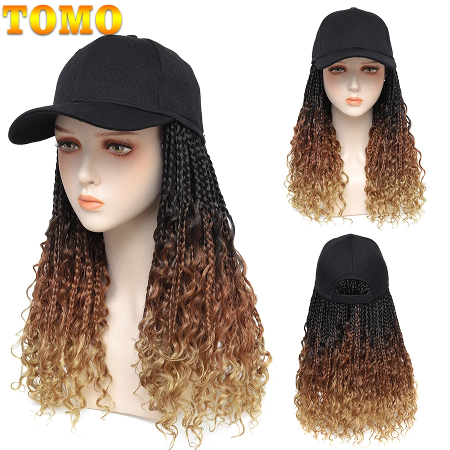TOMO Braided Baseball Cap Wig Boho new Box Braids Extensions With Hat Black Synthetic Curly Box Crochet Hair Cap Wig 2025 For Women
