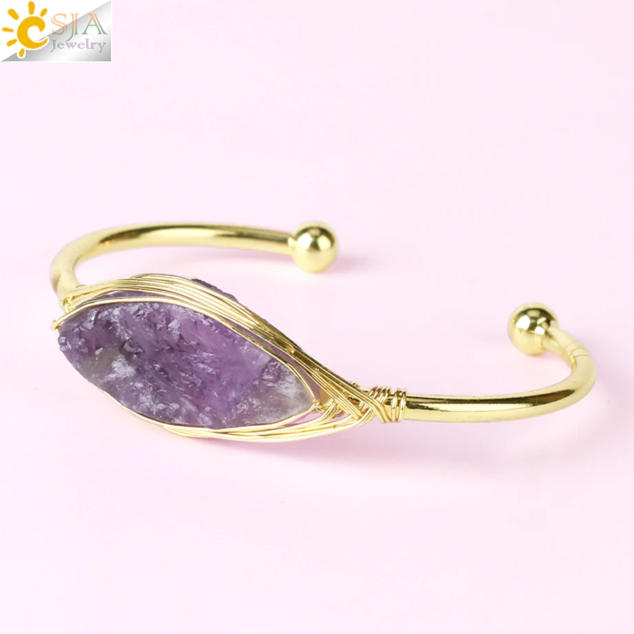 CSJA new Gem Stone Open Cuffs Bracelets Crystals Natural Stones 2025 Bangles Gold Color Wire Wrap Bracelet for Friend Bijoux Femme G866