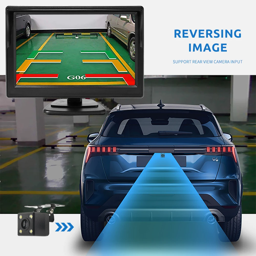 Car Rear View Camera with Monitor 5 Inch TFT LCD Digital 16:9 Screen 2 Way Video Input Reverse Parking System