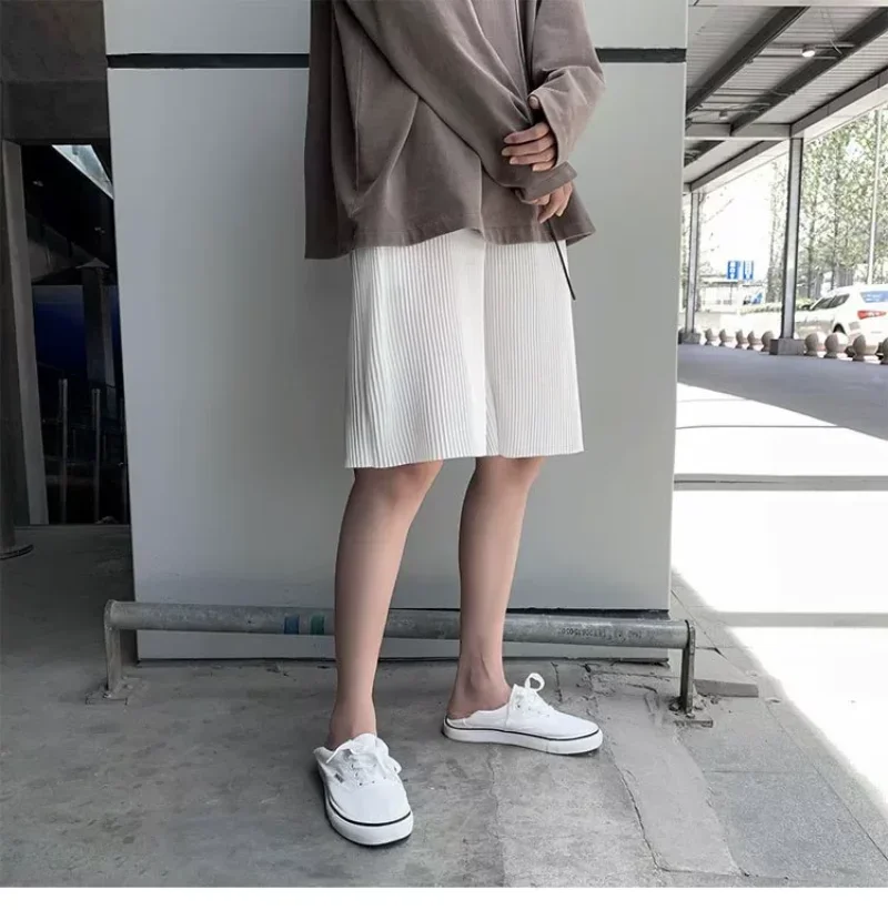 Male Texture Pleated Ice Silk Shorts Men's Summer Loose Large Size Casual Solid Color Elastic Waist Sport Five-point Short Pants