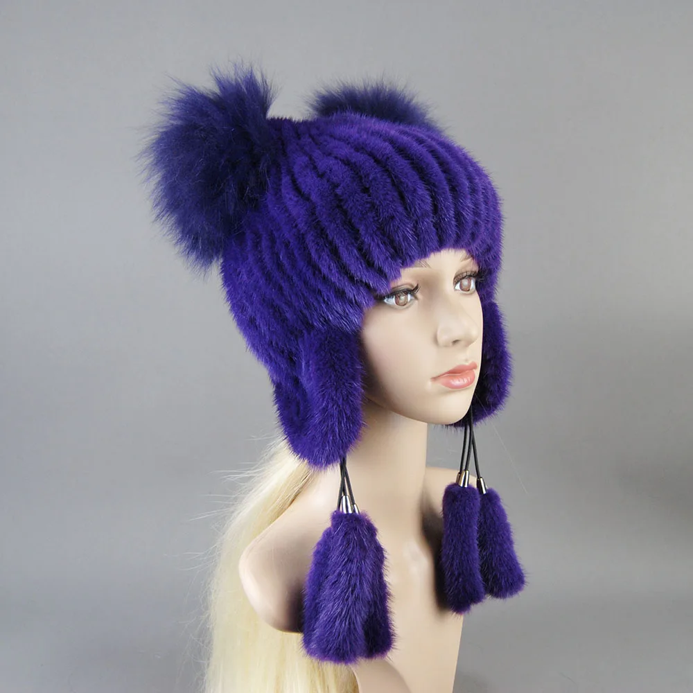 Winter Cap Women Warm Luxury Natural Mink Fur Hat With Ear Flaps For Girls Tail Earflap Bomber Loverboy Knitted Anime Cat Beanie