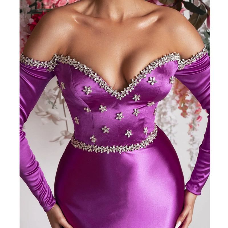Fuchsia Dubai Evening Dresses Beads Crystals Rhinestones Luxury Long Sleeves Muslim Prom Dresses Prom Pageant Gowns Vestidos Plus Size