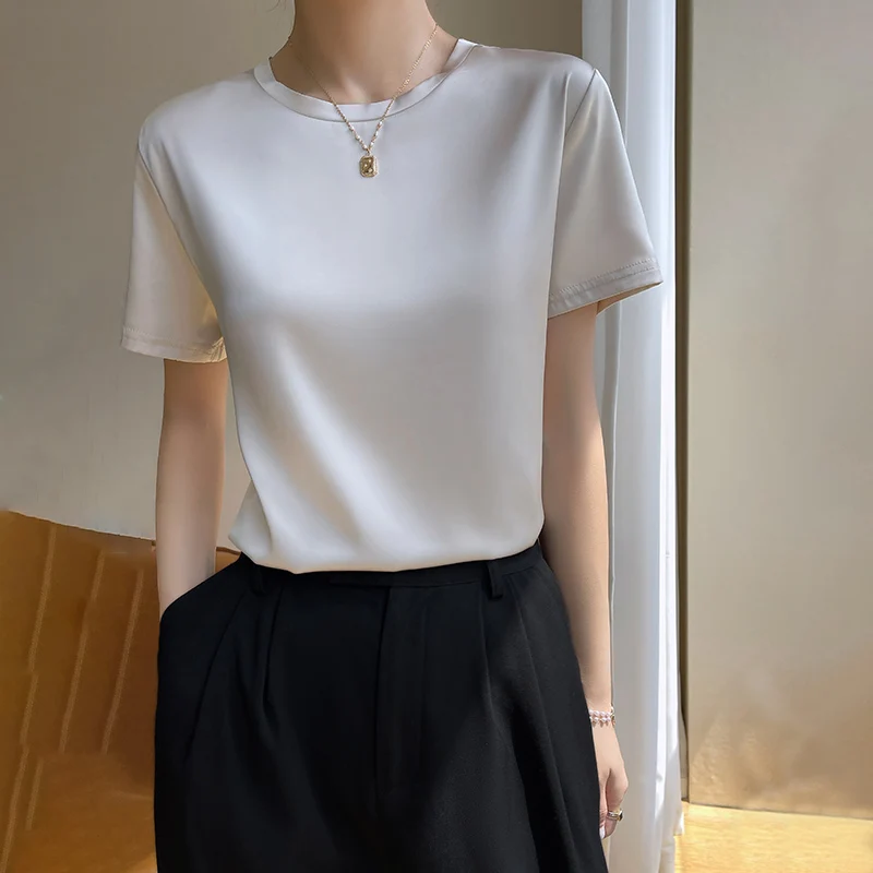 Summer 2025 Short-Sleeved Women's Acetic Acid T-Shirt Satin New Simple Loose Round new Neck Vest Top Joker Slim
