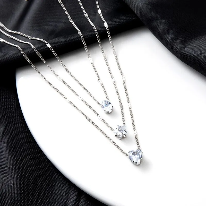 2025 3 Pcs new Gold-Color Simple Multilayered Pendant Necklace For Girls Women Star Heart Shaped Pendant Necklace Jewelry For Birthday Gi