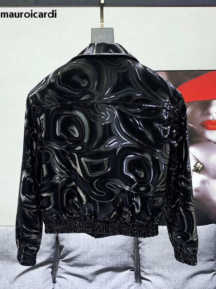 Mauroicardi Spring new Autumn Cool Short 2025 Black Shiny Geometric Faux Leather Bomber Jacket Men Zipper Stylish Designer Clothes