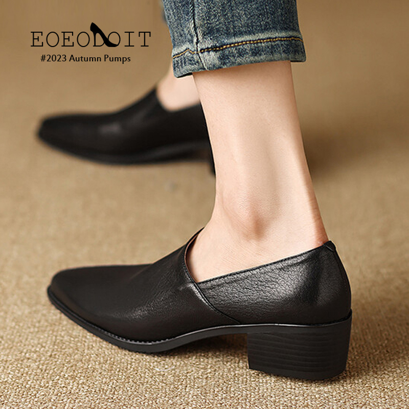 2024 Ins Leather Heeled Shoes Women Retro Pointed Toe Chunky Heel Pumps Deep Mouth Medium Heel Spring Autumn Rain shoes