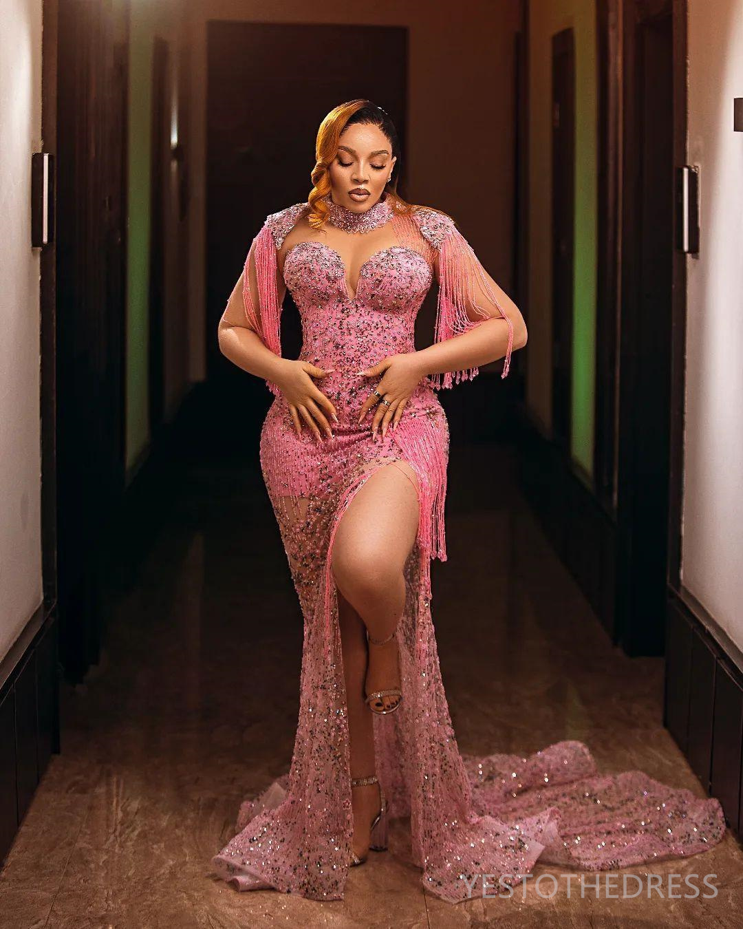 R&W 2024 urious Aso Ebi Prom Dresses for Black Women Pink Promdress Illusion High Neck Beaded Lace Beading Tassel Side Split Birthday Dress Reception 