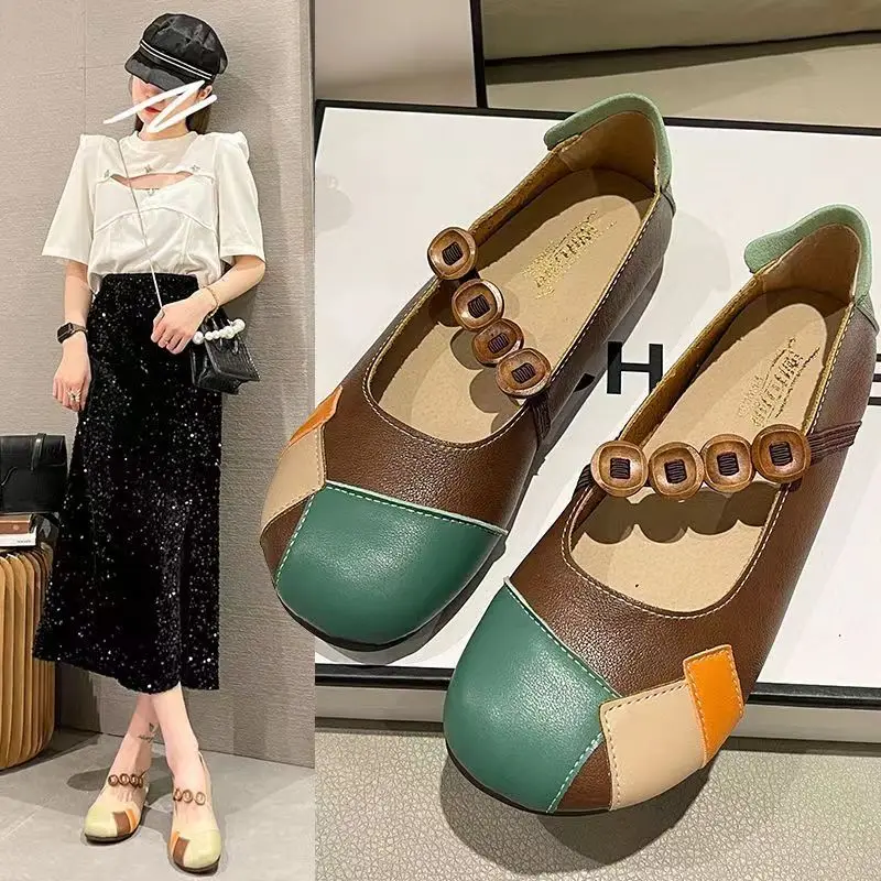 Designer Patchwork Leather Moccasins Mom Flat Vintage Mary Janes Shoes Wide Feet 2025 Hook Loop new Ballt Flats Women Soft Sewing Loafers