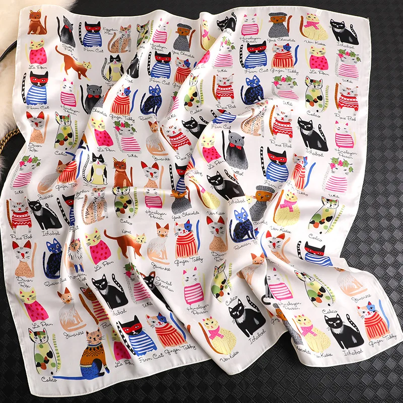 Spring and summer NEW 90x90cm 2025 Brand Silk Square Scarf Women new Tie Hairband Cat printed Scarves Female Foulard scarf stores