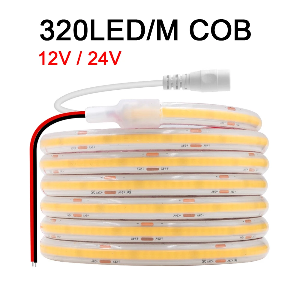 IP68 Waterproof COB Led Strip Light 12V 24V 5m 10m 15m 20m 0.5m Flexible LED Tape 320LED RA90 High Density Bright Liner Lighting