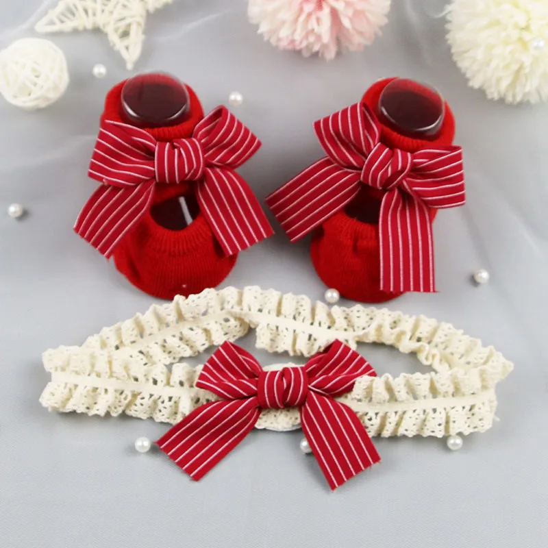 2Pcs/Set Korean Baby Headband Socks Red BowKnot Girl Hair Band Lovely Dot Striped Plaid Bows Infant Sock Kid Hair Accessories