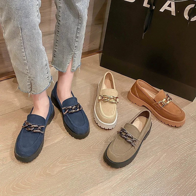 Women Loafers Suede Genuine Leather 2024 New Chain British Style Women Spring Shoes Large Size 41 42 Student Shoes Ladies High
