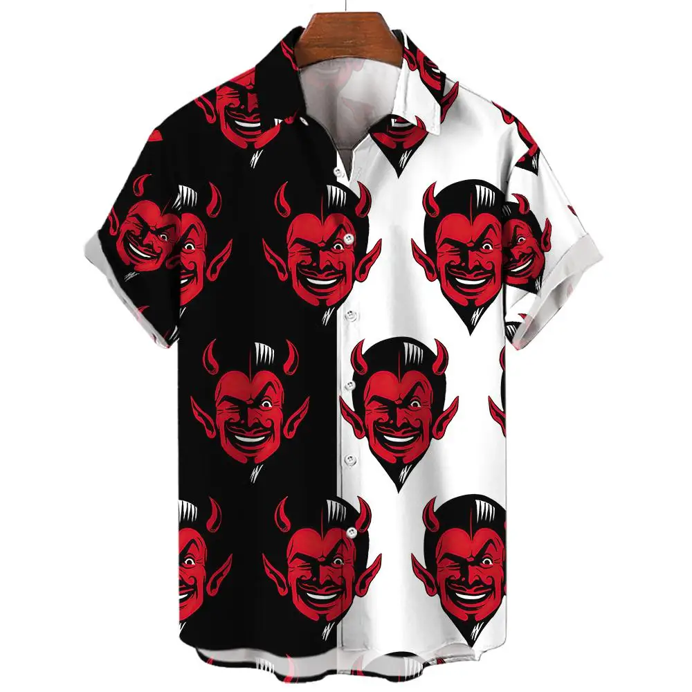 Devil Pattern Men's Shirts Oversized Shirt Loose Causal Double Patchwork Red new Imp Party Festival Camisas 2025 Original Men's Shirts