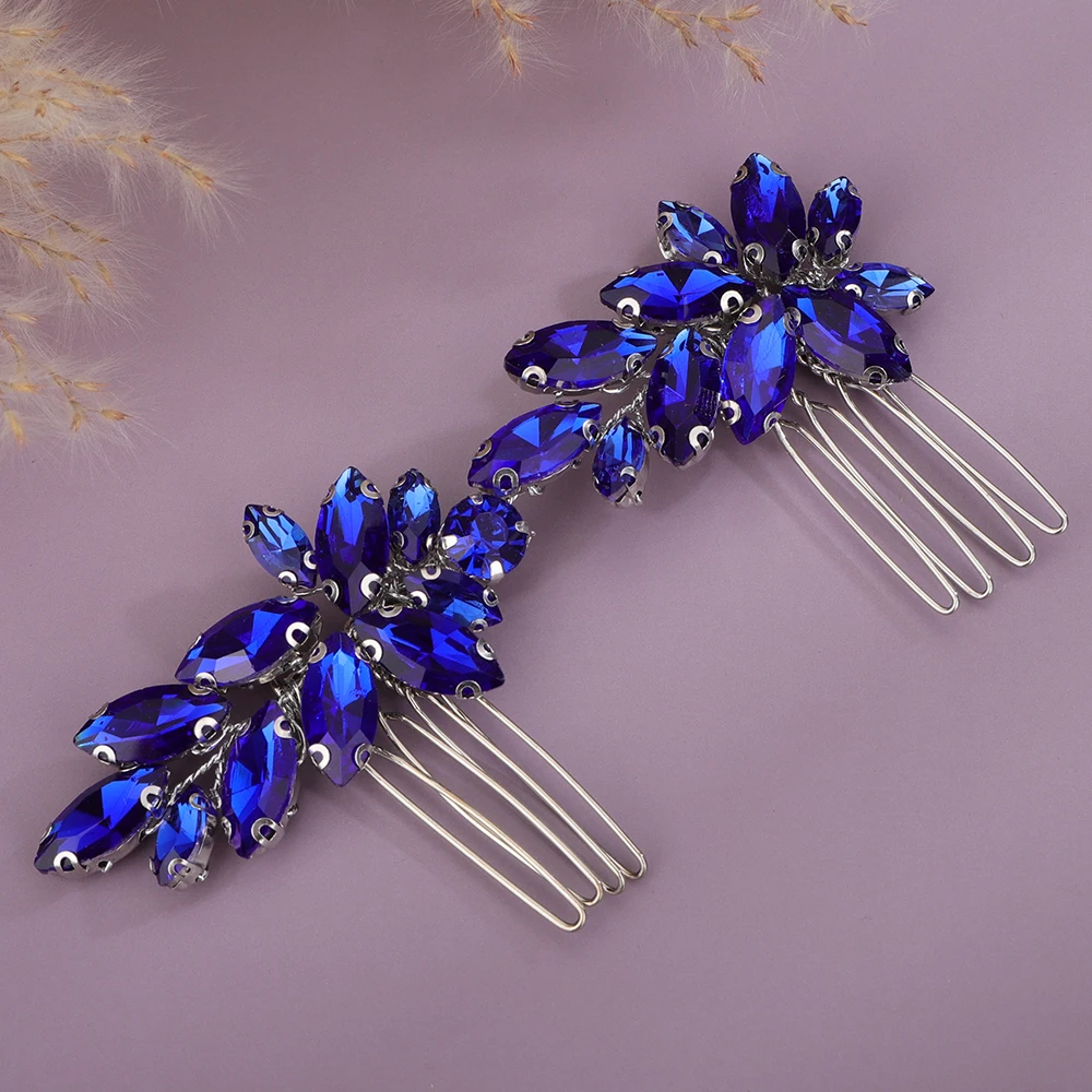 Red Rhinestone Bridal Hair Comb Party Handmade Black Wedding Head Jewelry Accessories Blue Silver Headpiece for Women and Girls