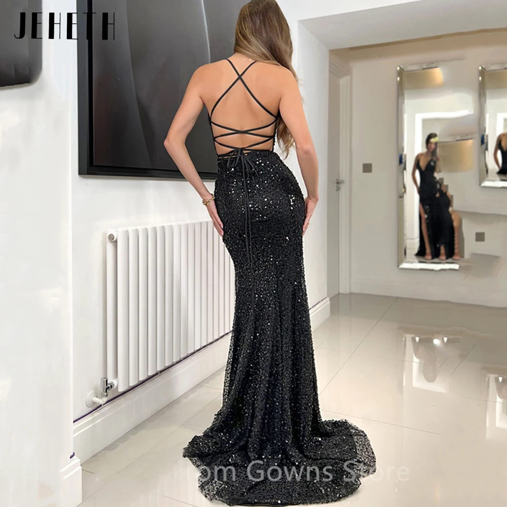 JEHETH Glitter Mermaid Prom Dresses Sexy Deep V Neck Long Evening Gowns Arabic Side Split Spaghettti Strap vestidos de noche