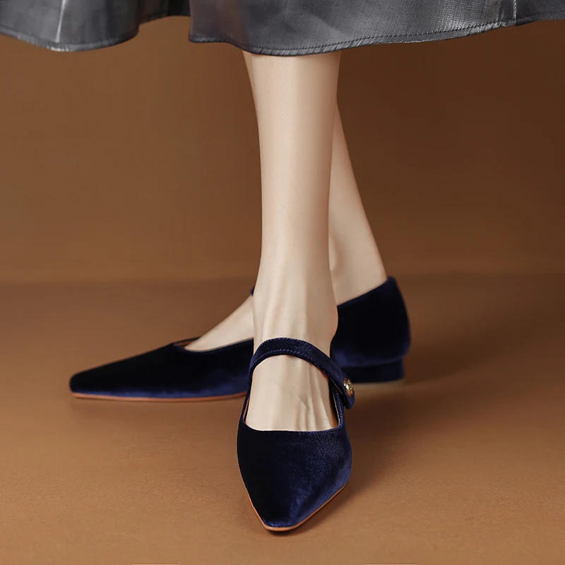 One Strap Ladies Veet Shoes Spring Autumn Low Heel Vintage Mary new Janes Pointed Toe Flat 2025 Shoes Woman French Style Women Flats