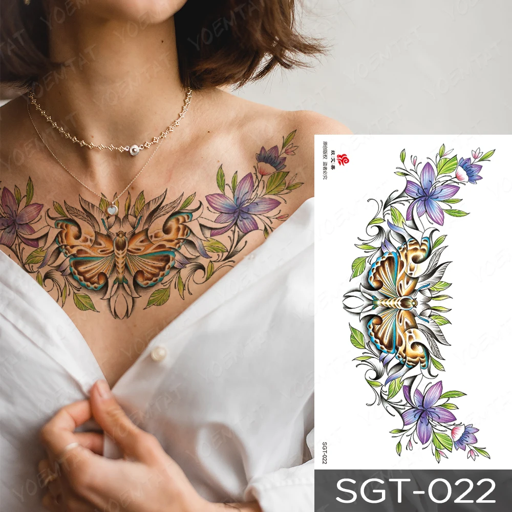 Chest Tattoo Stickers Mandala Color Gemstone Flower Waterproof Temporary Fake Tato Large Waist Shoulder Sexy Body Art Men Women